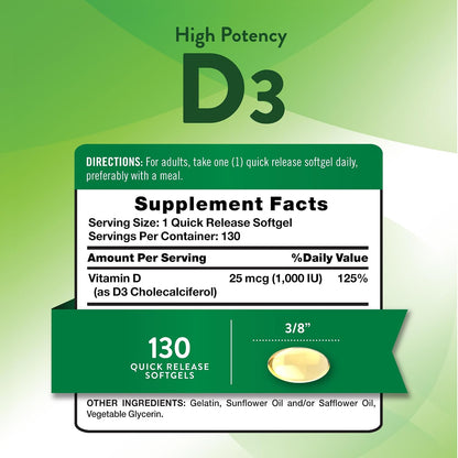Nature's Truth Vitamin D3 1000 IU, 130 Softgels