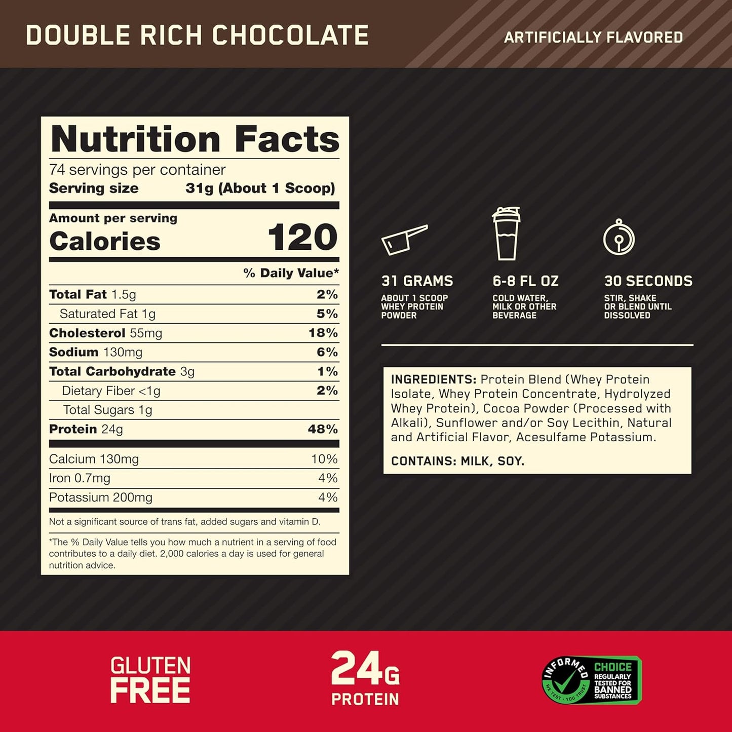 ON Gold Standard 100% Whey Protein Powder Double Rich Chocolate 74 Servings Front Label