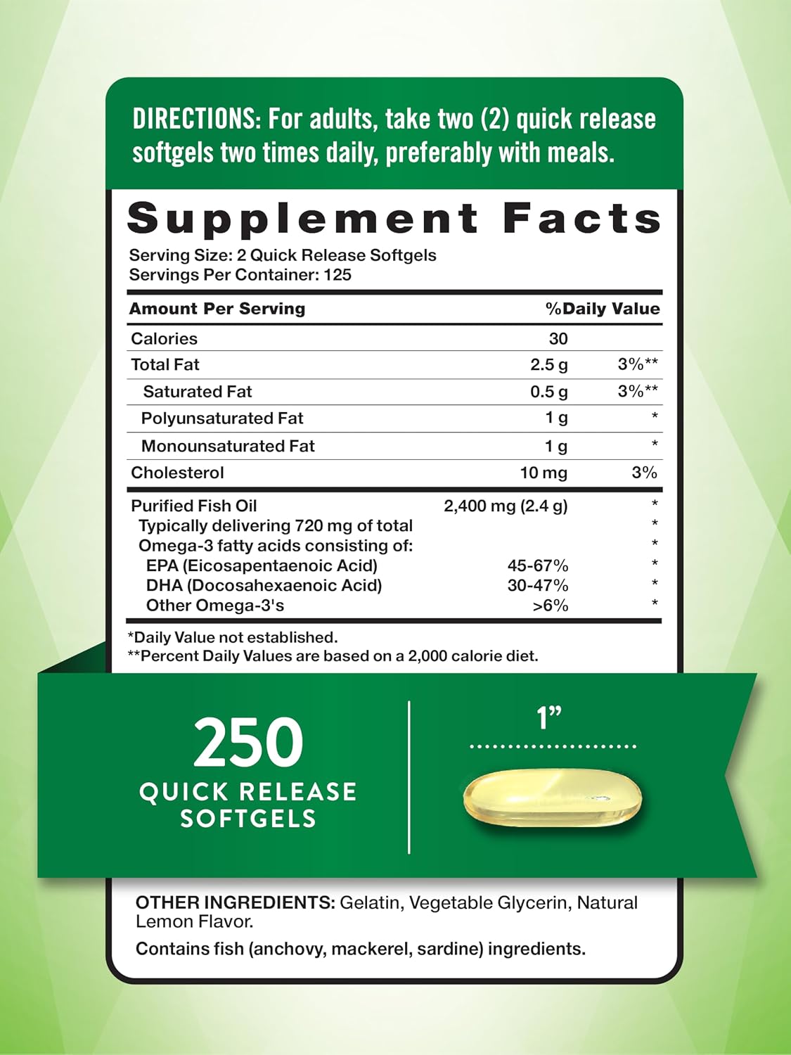 Nature's Truth Omega-3 Fish Oil 2400mg, 250 Softgels