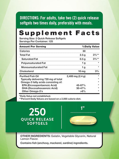 Nature's Truth Omega-3 Fish Oil 2400mg, 250 Softgels