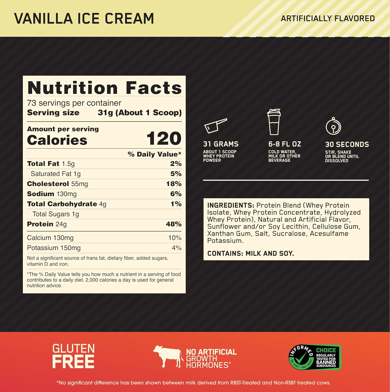 ON Gold Standard Whey Protein Powder Vanilla Ice Cream 73 Servings Front Label