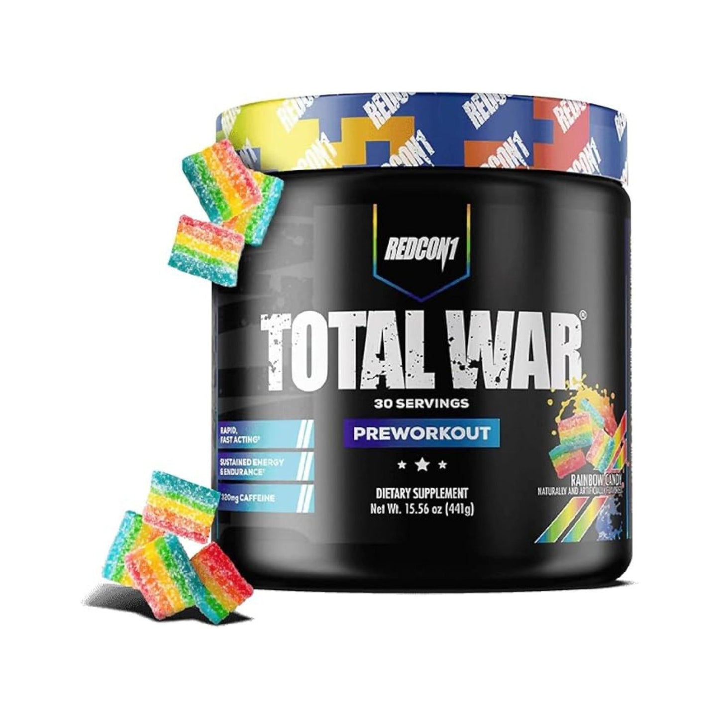 Redcon1 Total War Pre-Workout 30 Servings sports nutrition supplement container for energy, focus, endurance, and workout performance.Rainbow Candy