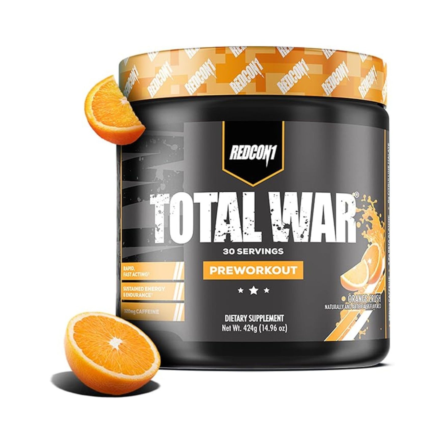 Redcon1 Total War Pre-Workout 30 Servings sports nutrition supplement container for energy, focus, endurance, and workout performance.Orange Crush