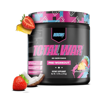 Redcon1 Total War Pre-Workout 30 Servings sports nutrition supplement container for energy, focus, endurance, and workout performance.Vice City