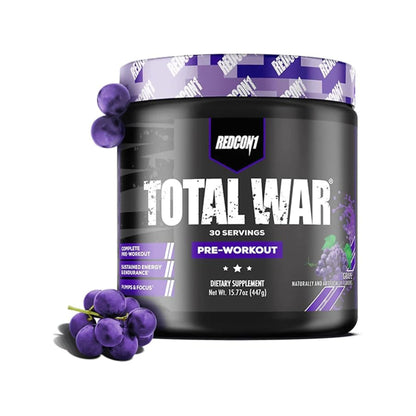 Redcon1 Total War Pre-Workout 30 Servings sports nutrition supplement container for energy, focus, endurance, and workout performance.Grape