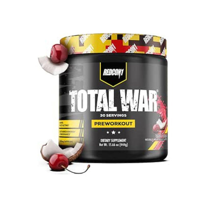 Redcon1 Total War Pre-Workout 30 Servings sports nutrition supplement container for energy, focus, endurance, and workout performance.Tiger's Blood