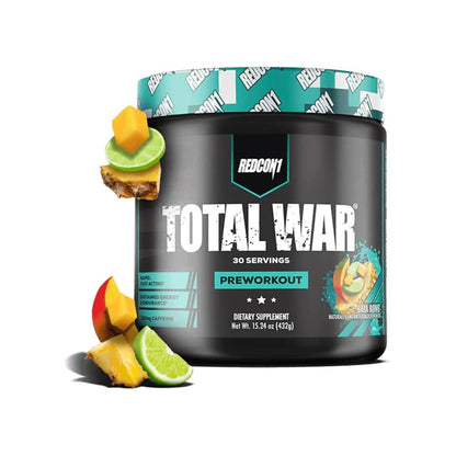 Redcon1 Total War Pre-Workout 30 Servings sports nutrition supplement container for energy, focus, endurance, and workout performance.Baja Bomb