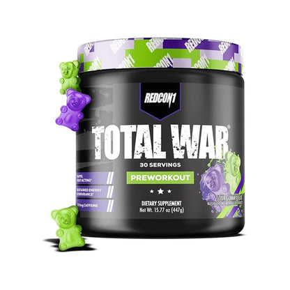 Redcon1 Total War Pre-Workout 30 Servings sports nutrition supplement container for energy, focus, endurance, and workout performance.Sour Gummy Bear