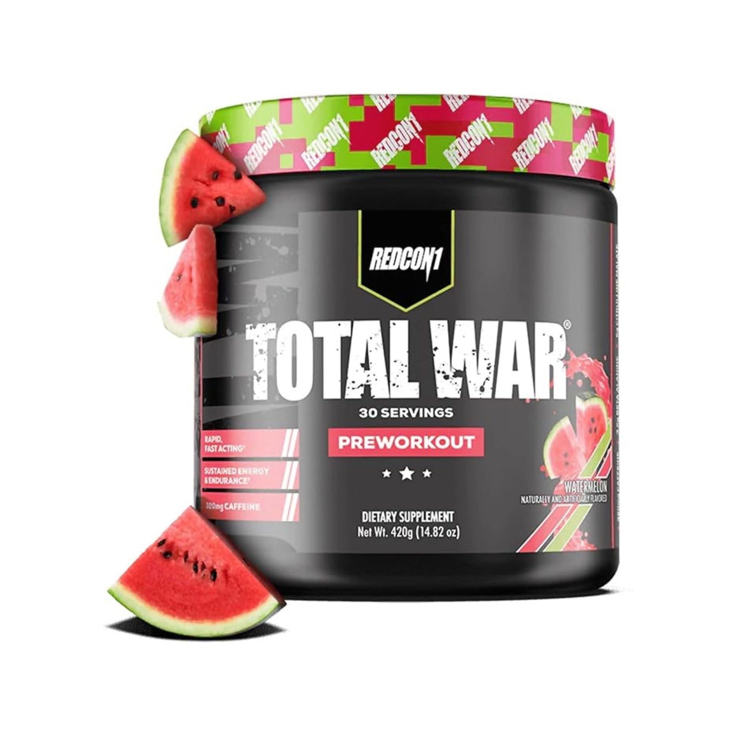 Redcon1 Total War Pre-Workout 30 Servings sports nutrition supplement container for energy, focus, endurance, and workout performance.Watermelon