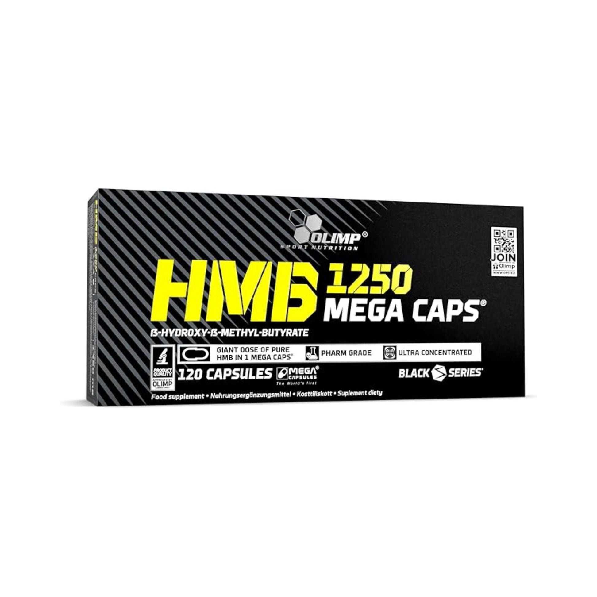 Olimp HMB 1250 Mega Caps 120 capsules dietary supplement for muscle recovery, lean muscle support, and training performance.
