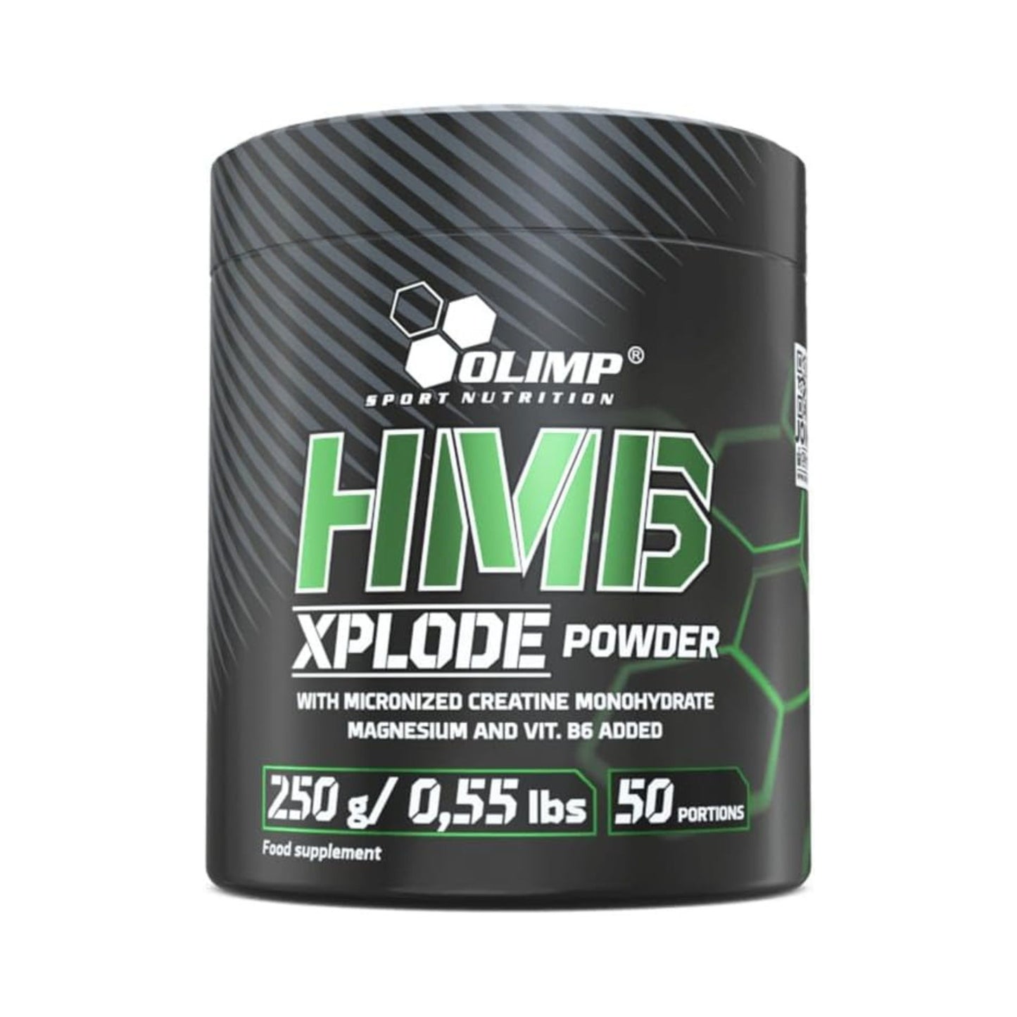 Olimp HMB Xplode Powder 250g with 50 portions of HMB, creatine, magnesium, and vitamin B6 for muscle recovery, strength, and workout performance.