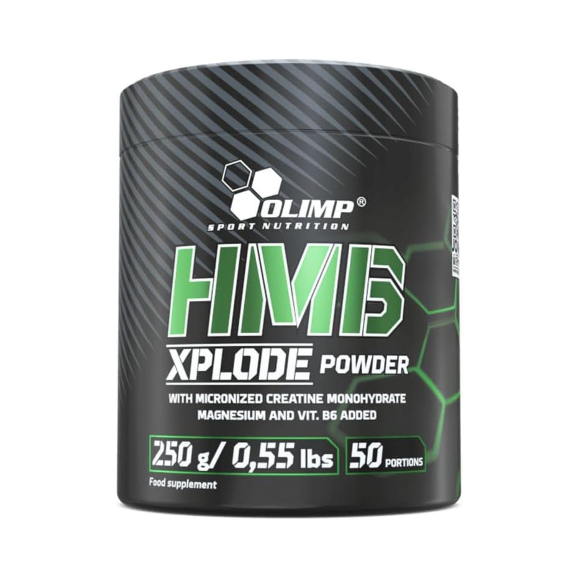 Olimp HMB Xplode Powder 250g with 50 portions of HMB, creatine, magnesium, and vitamin B6 for muscle recovery, strength, and workout performance.