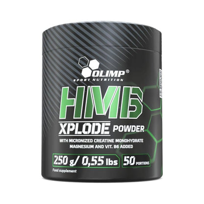 Olimp HMB Xplode Powder 250g with 50 portions of HMB, creatine, magnesium, and vitamin B6 for muscle recovery, strength, and workout performance.