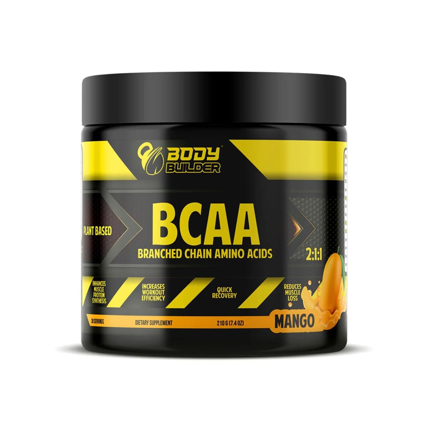 Body Builder BCAA 210g powder with 30 servings of branched-chain amino acids for muscle recovery, endurance, and workout performance.