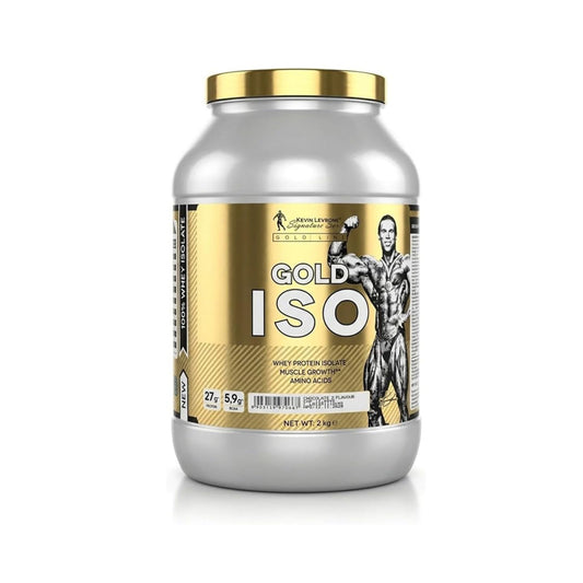 Kevin Levrone Gold ISO 2kg whey protein isolate supplement with 60 servings for muscle growth, recovery, and high-quality protein support.